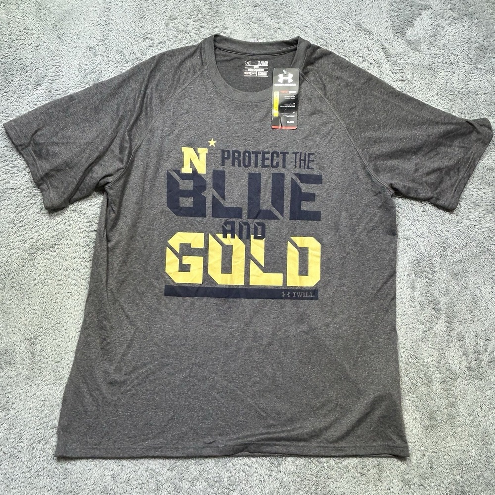 Under Armour Navy T Shirt Mens XL Gray Football 'Protect the Blue and Gold' NEW